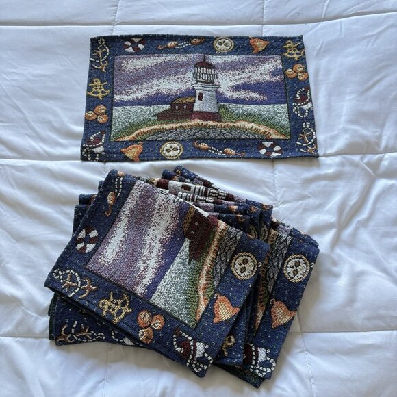Vintage Set of 10 Coastal Nautical Beach Lighthouse Placemats Reversible 17x11 - Picture 1 of 7